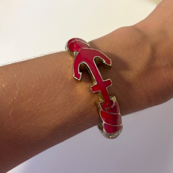 Red Gold Tone Enamel Hinged Anchor Knot Bracelet Cuff Bangle Nautical Jewelry - Picture 3 of 4